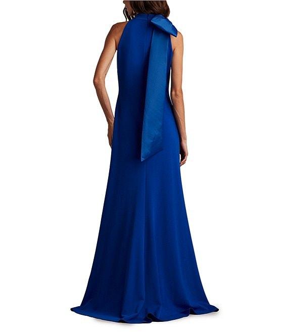 Tadashi Shoji Crepe Halter Mock Neck Taffeta Bow Sleeveless Gown Product Image