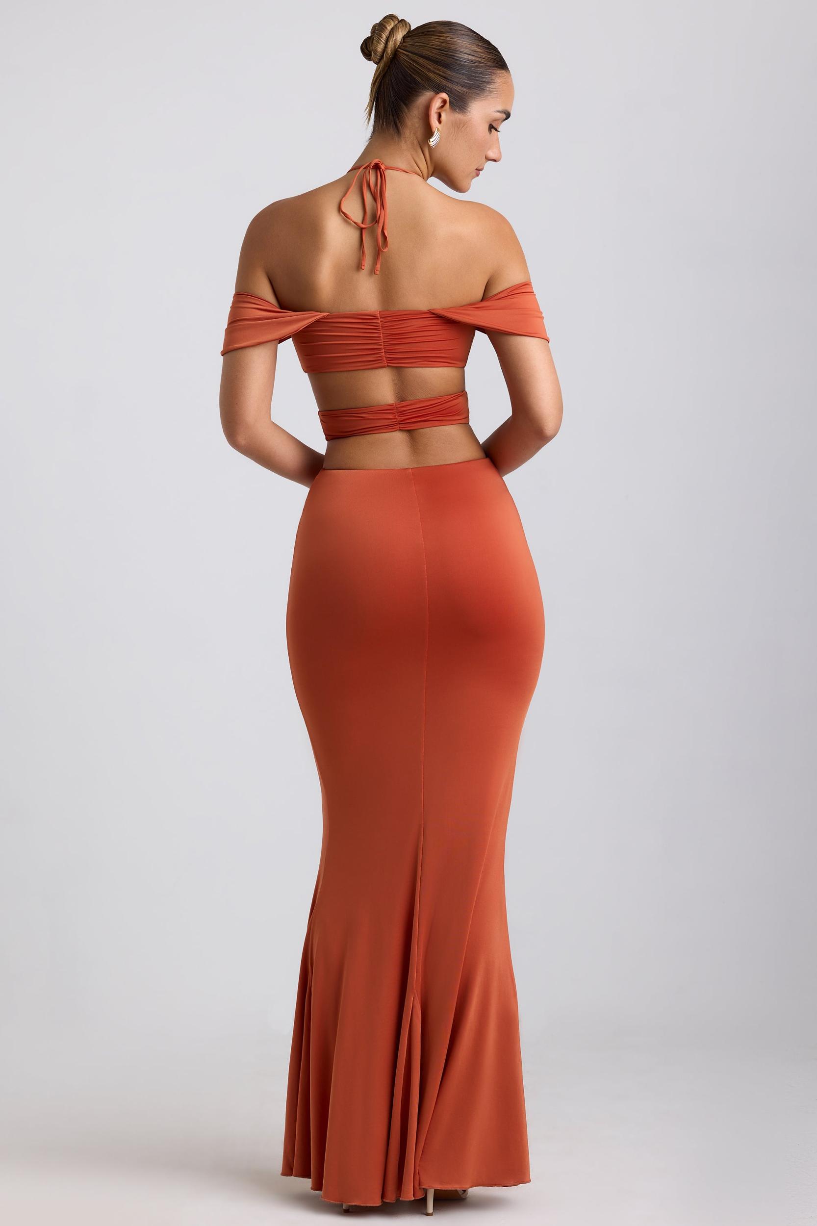 Slinky Jersey Cut-Out Halterneck Gown in Burnt Orange Product Image