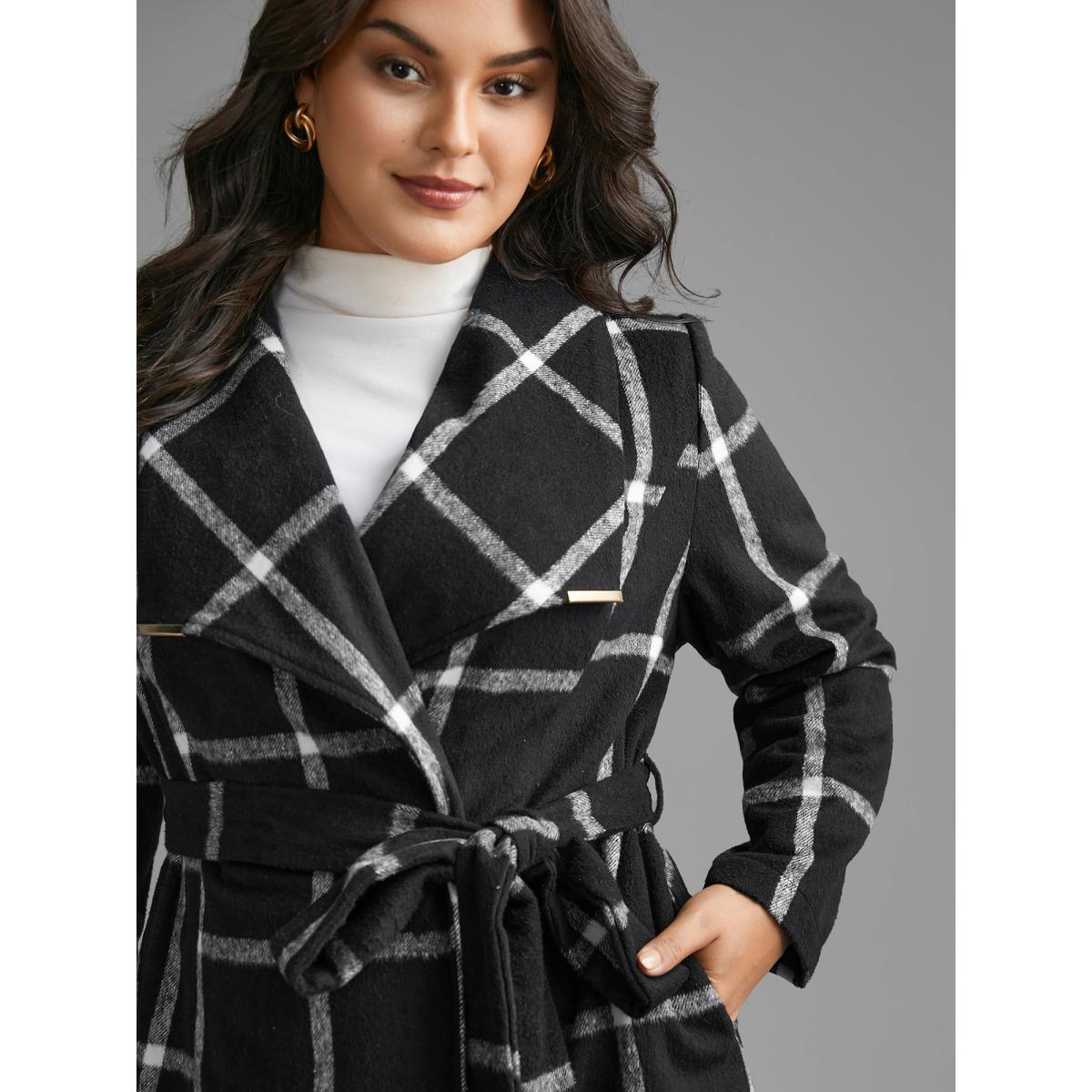 Plus Size Plaid Lapel Collar Belted Jacket Women Black Belted Slanted pocket Belt Everyday Jackets BloomChic 28/5X Product Image