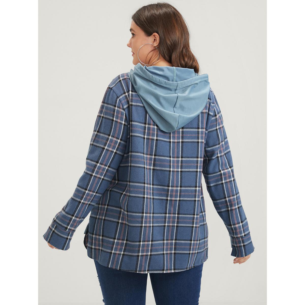 Plus Size Plaid Contrast Asymmetrical Drawstring Hooded Sweatshirt Women DarkBlue Casual Contrast Loose Hooded Dailywear Sweatshirts BloomChic 22-24/3X Product Image