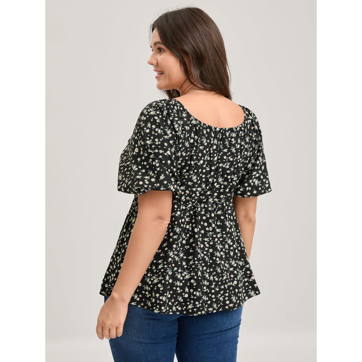 Plus Size Black Shirred Bust Floral Fit and Flared Blouse Women Short sleeve Square Neck Everyday-Elegant Blouses BloomChic 12/L Product Image