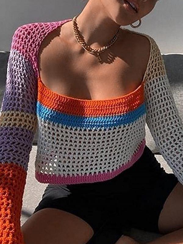 Cutout Colorful Patchwork Crochet Top Product Image