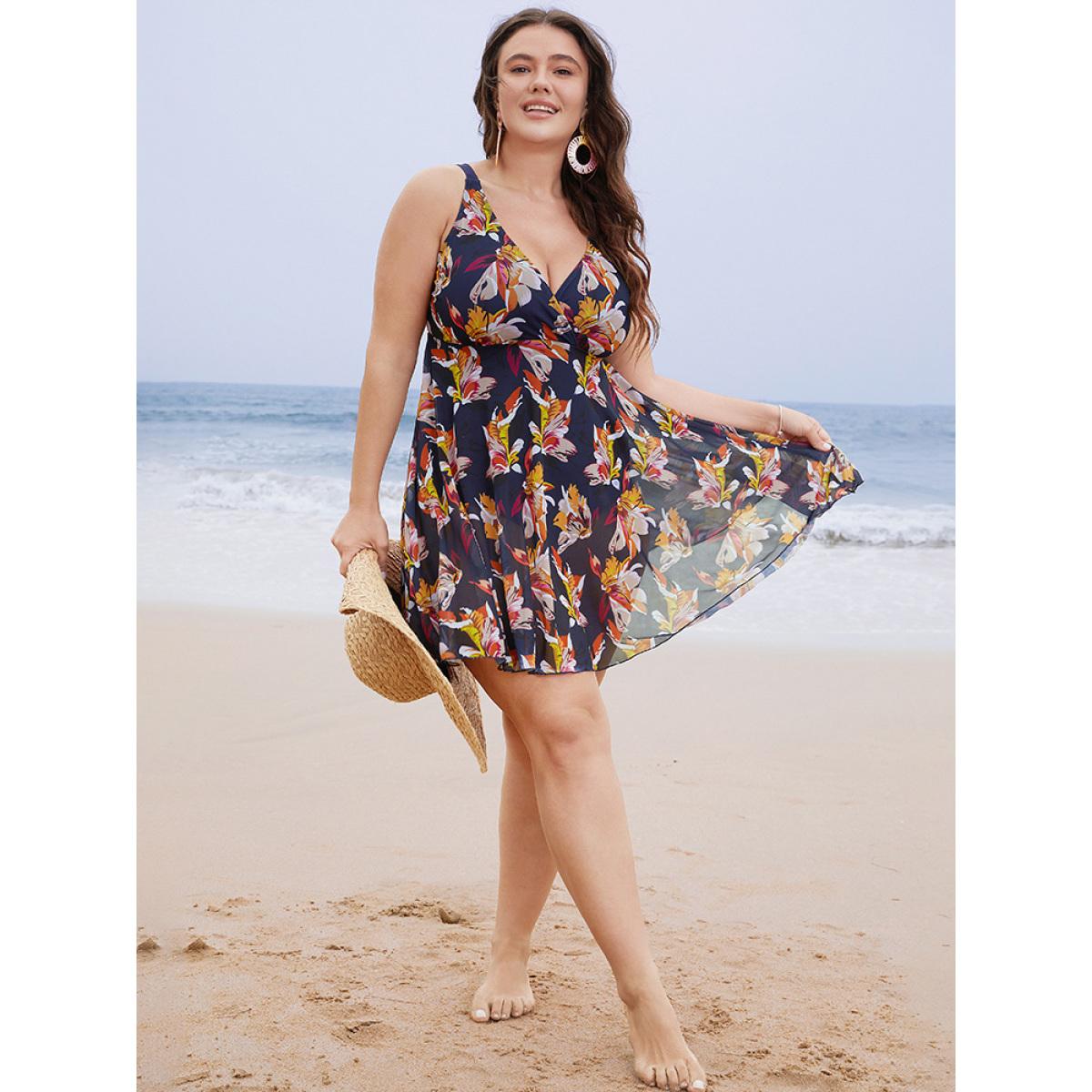 Plus Size Floral Mesh Surplice Neck Ruffles Swim Dress Women's Swimwear Indigo Vacation Bodycon V-neck High stretch Curve Swim Dresses BloomChic 26/4X Product Image