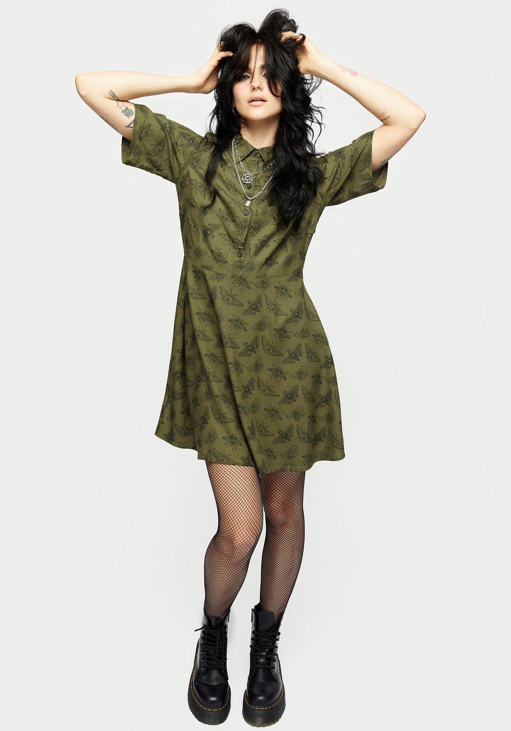 Mortmoth Print Mini Shirt Dress - Green Product Image