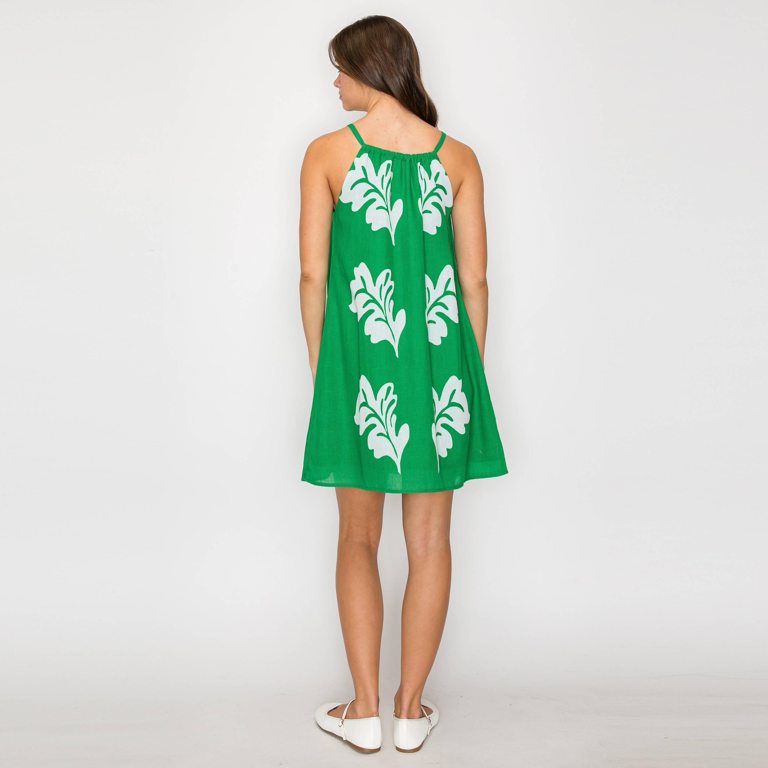 Green Leaves Placement Print Mini Halter Dress Product Image
