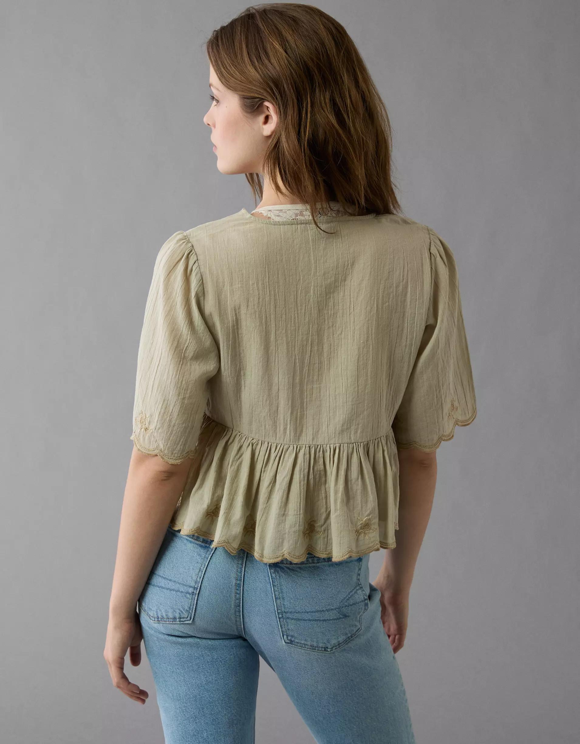 AE Embroidered Tie Front V-Neck Blouse Product Image