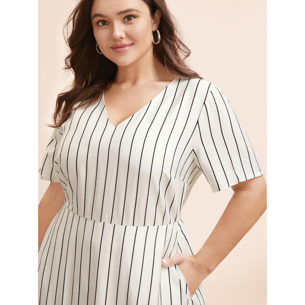 Plus Size Striped V Neck Pocket Midi Dress Ivory Women Casual Non V-neck Short sleeve Curvy BloomChic 14-16/1X Product Image