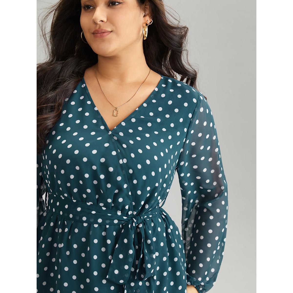 Plus Size Cerulean Polka Dot Belted Wrap Mesh Patchwork Blouse Women Elegant Long Sleeve Overlap Collar Party Blouses BloomChic 30/6X Product Image