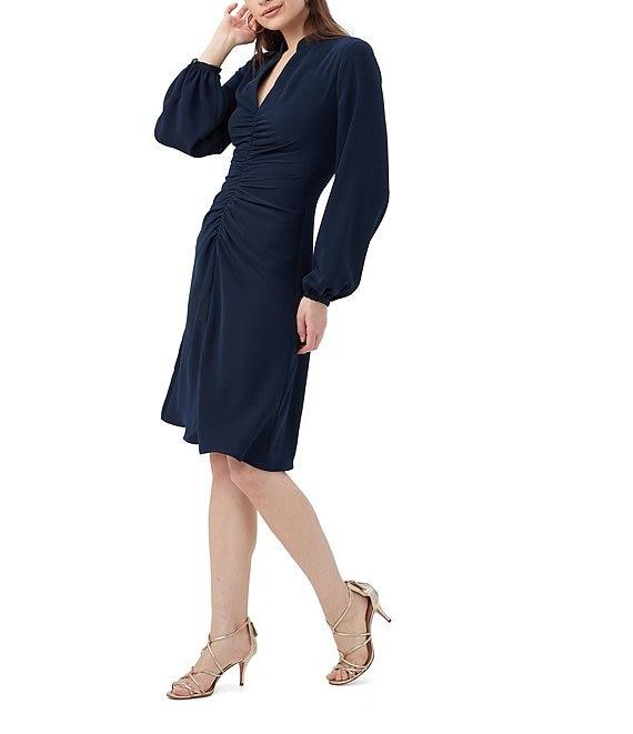 Trina Turk Lora Georgette Split V-Neck Long Blouson Sleeve Ruched Dress Product Image
