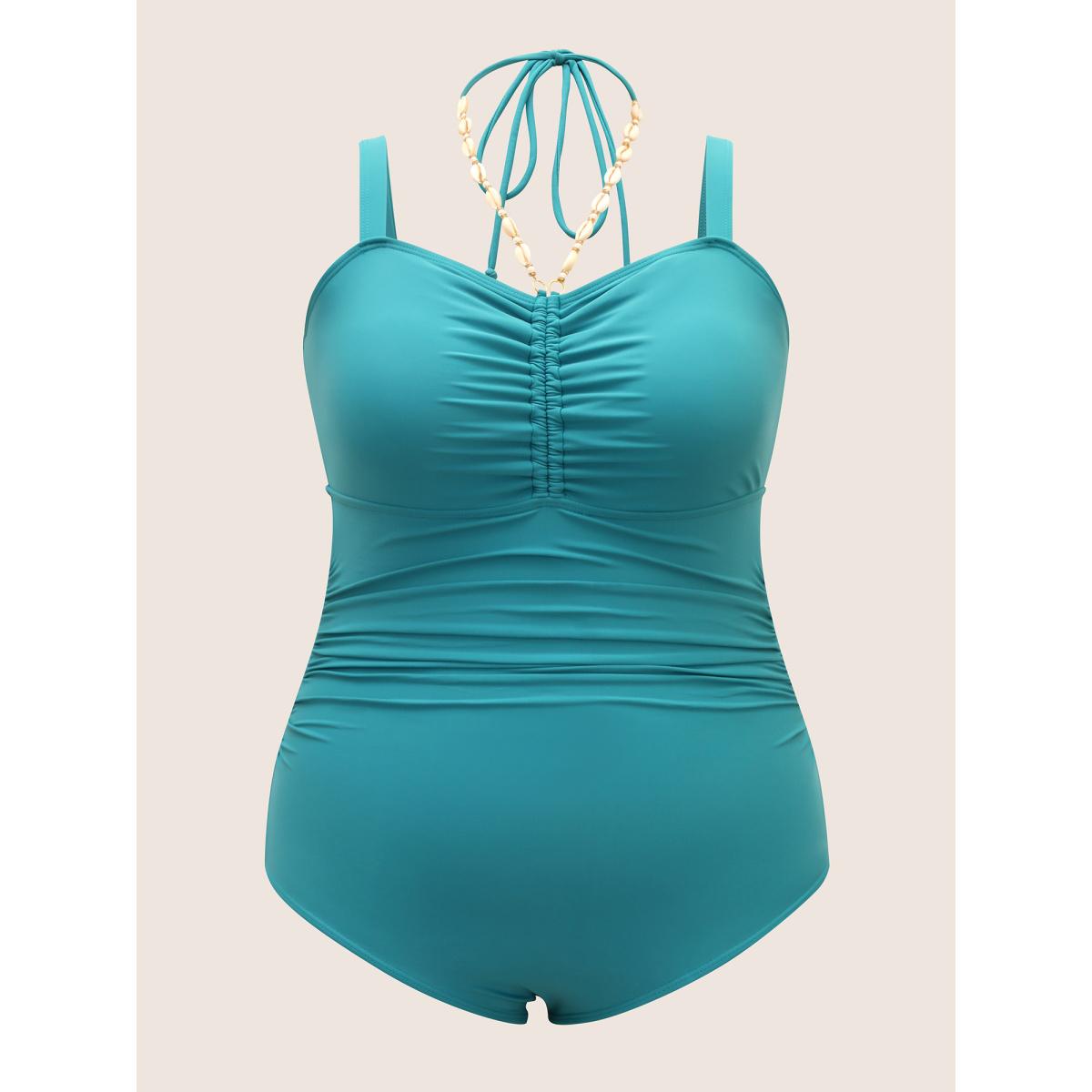 Plus Size Solid Ruched Shell Chain Detail One Piece Swimsuit Women's Swimwear Teal Beach Tie knot Curve Bathing Suits High stretch One Pieces BloomChic 30/6X Product Image