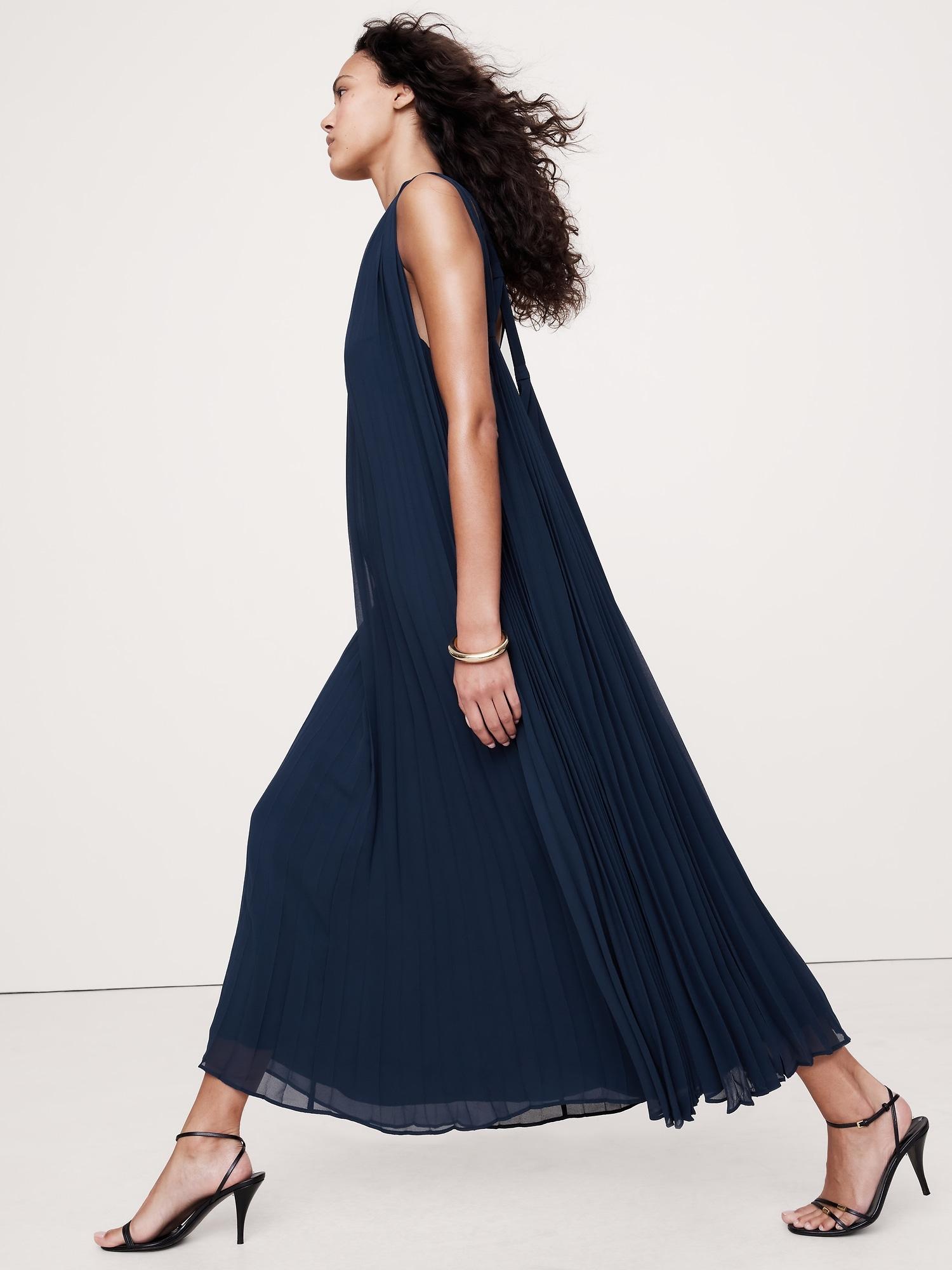 Pleated Georgette Open-Back Long Midi Dress Product Image