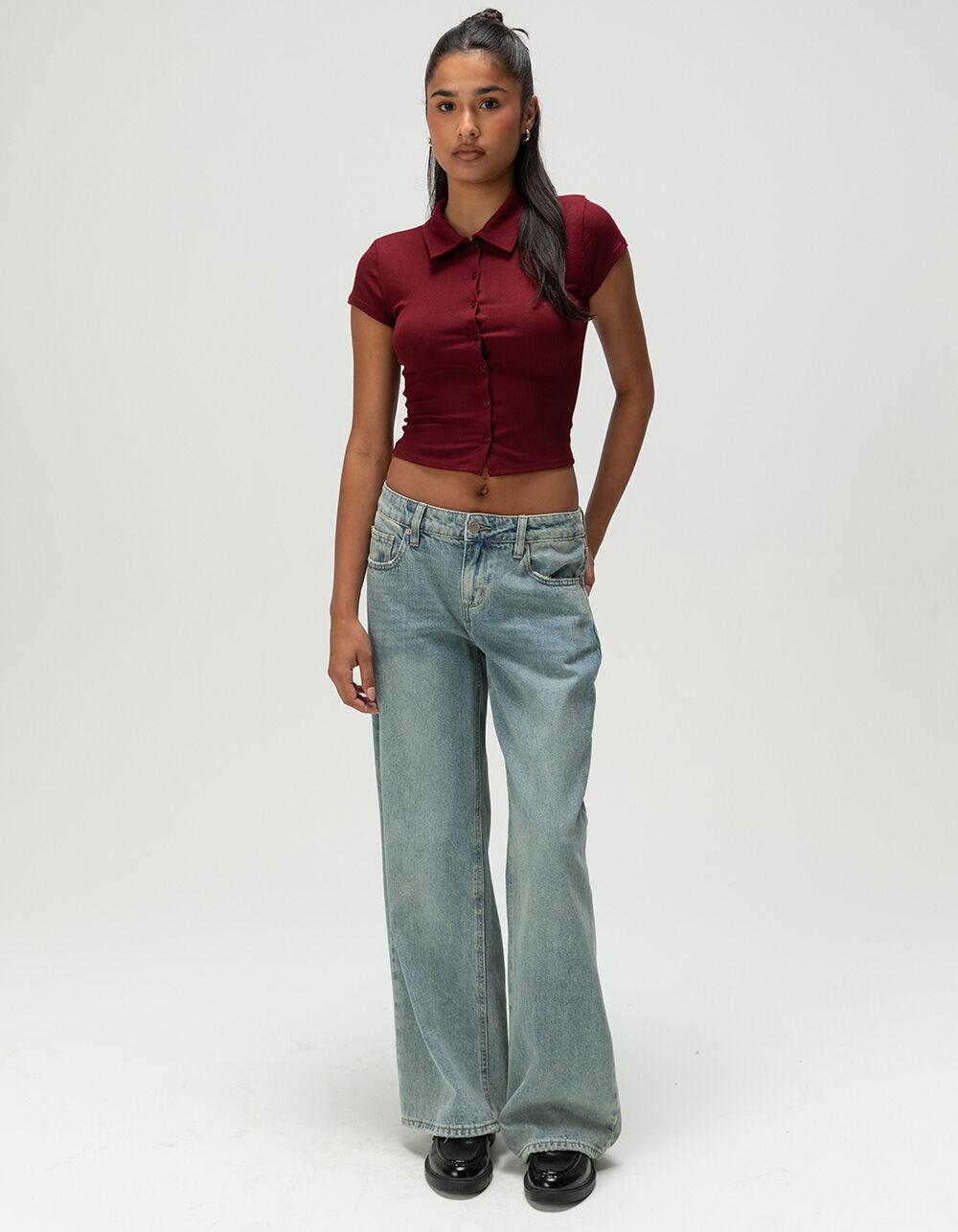 RSQ Womens Button Front Polo Shirt - BURGUNDY Product Image