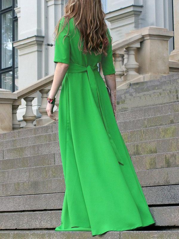 Half Sleeves High Waisted Solid Color Tied Waist V-Neck Maxi Dresses Product Image