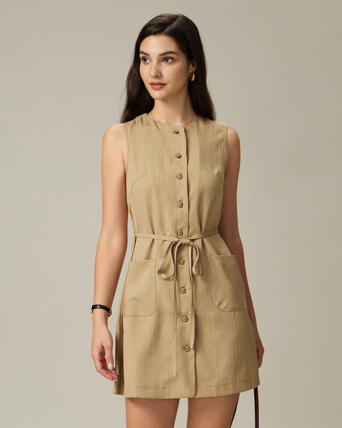 Khaki Round Neck Button Mini Dress Product Image