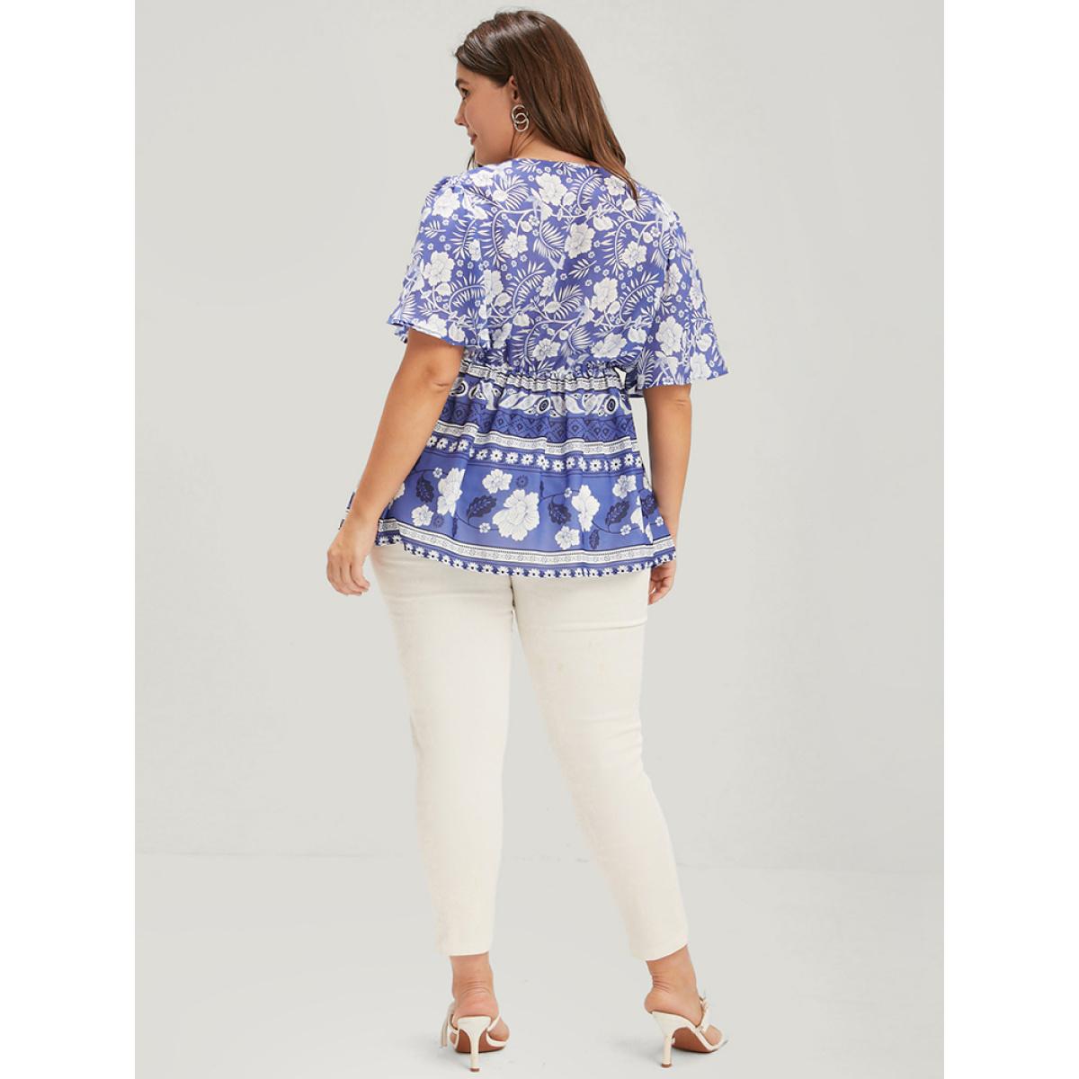 Plus Size Blue Bandana Ruffles Elastic Waist Wrap Blouse Women Vacation Short sleeve V-neck Dailywear Blouses BloomChic 10/M Product Image