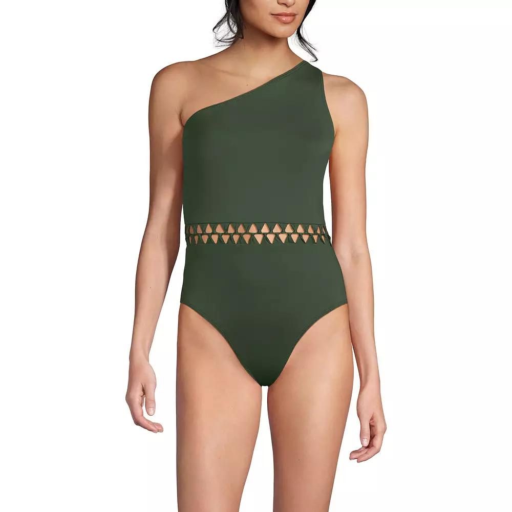 Women's Lands' End Macrame One Shoulder High Leg Swim Suit,  Product Image