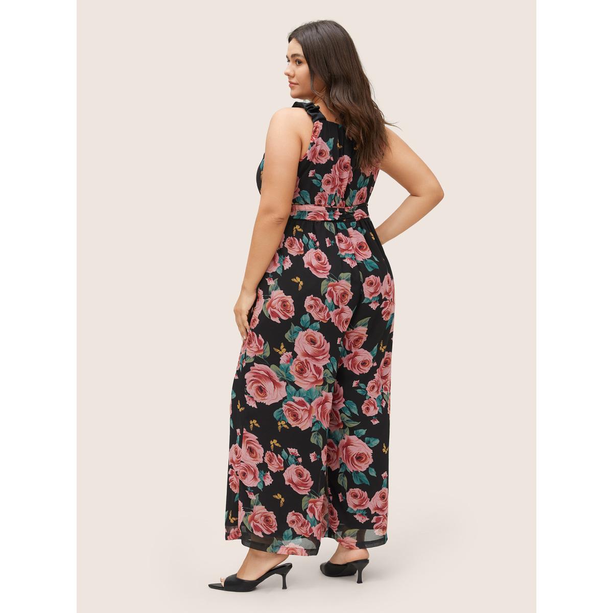 Plus Size BlackFlower Floral Print Ruched Detail Pocket Cami Jumpsuit Women Elegant Sleeveless Non Everyday Loose Jumpsuits BloomChic 10/M Product Image