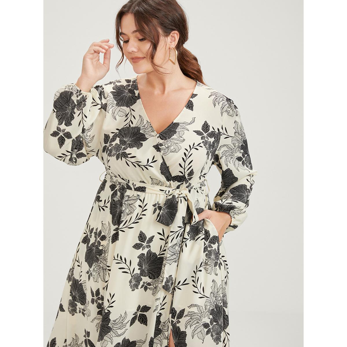 Plus Size Floral Print Lantern Sleeve Pocket Split Belted Dress Beige Women Elegant Belted V-neck Long Sleeve Curvy Midi Dress BloomChic 18-20/2X Product Image