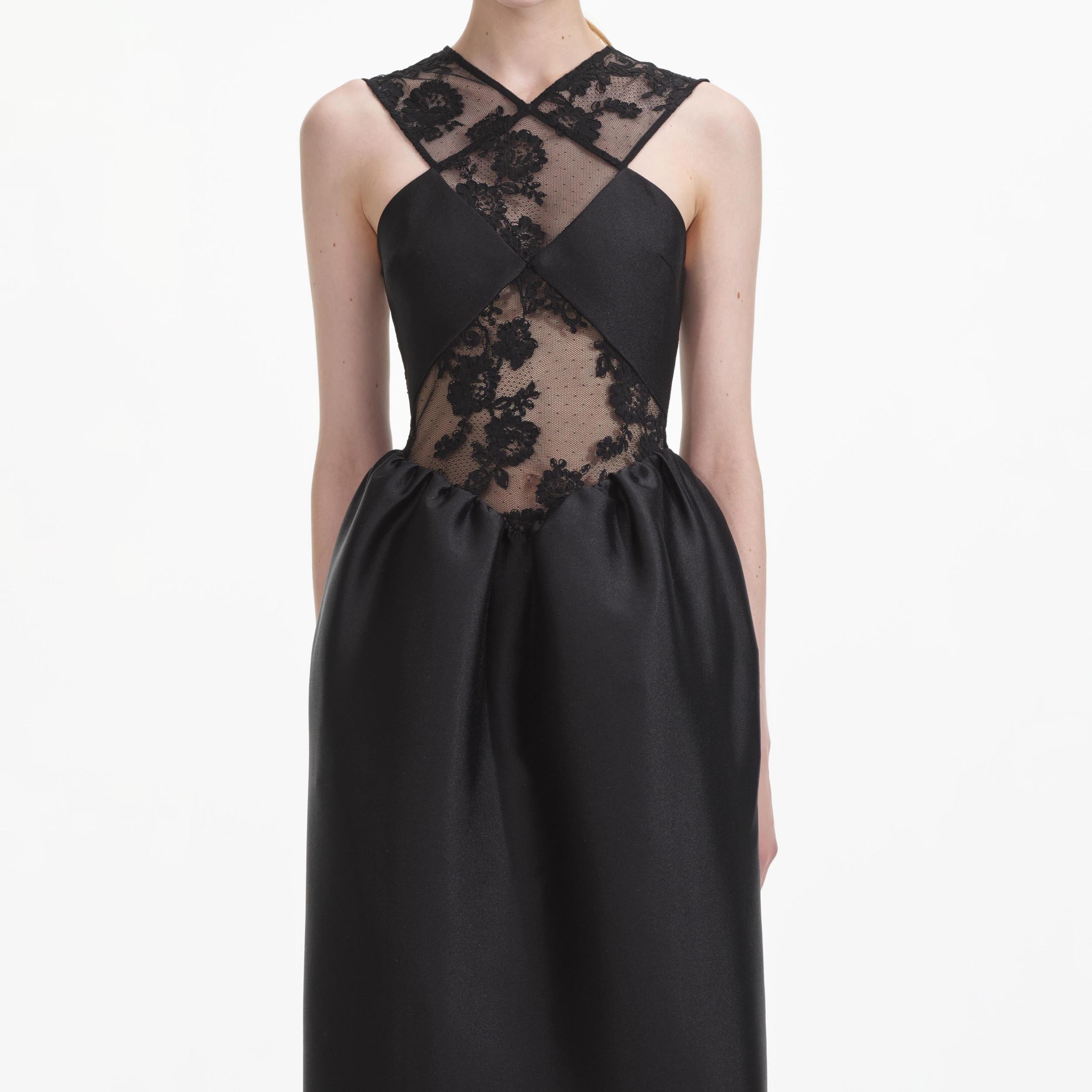 Black Lace Taffeta Maxi Dress Product Image