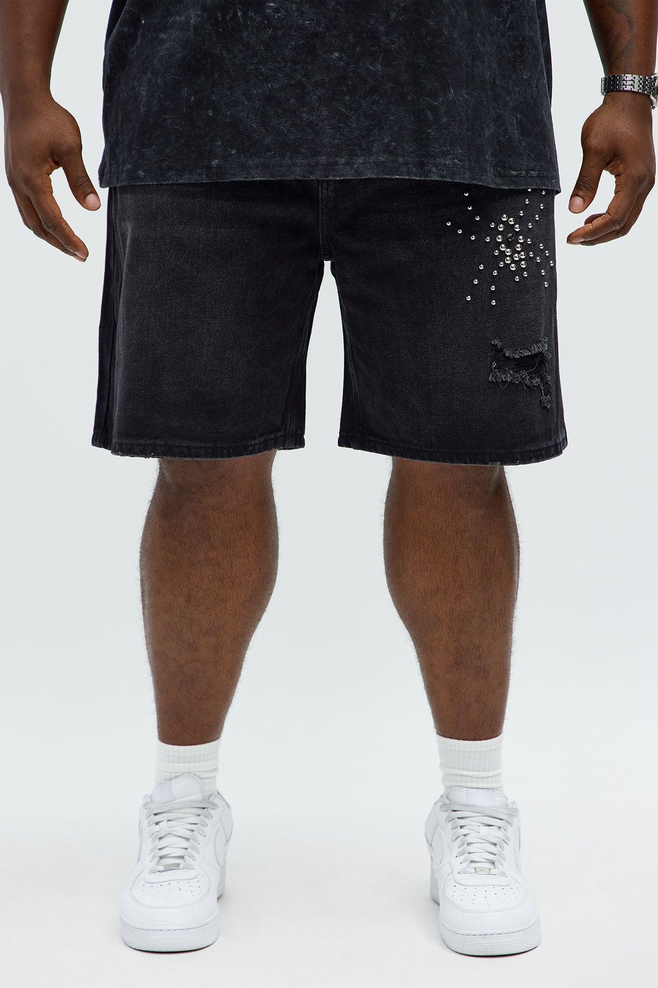 Relaxed Studded Spider Denim Shorts - Black Wash Male Product Image