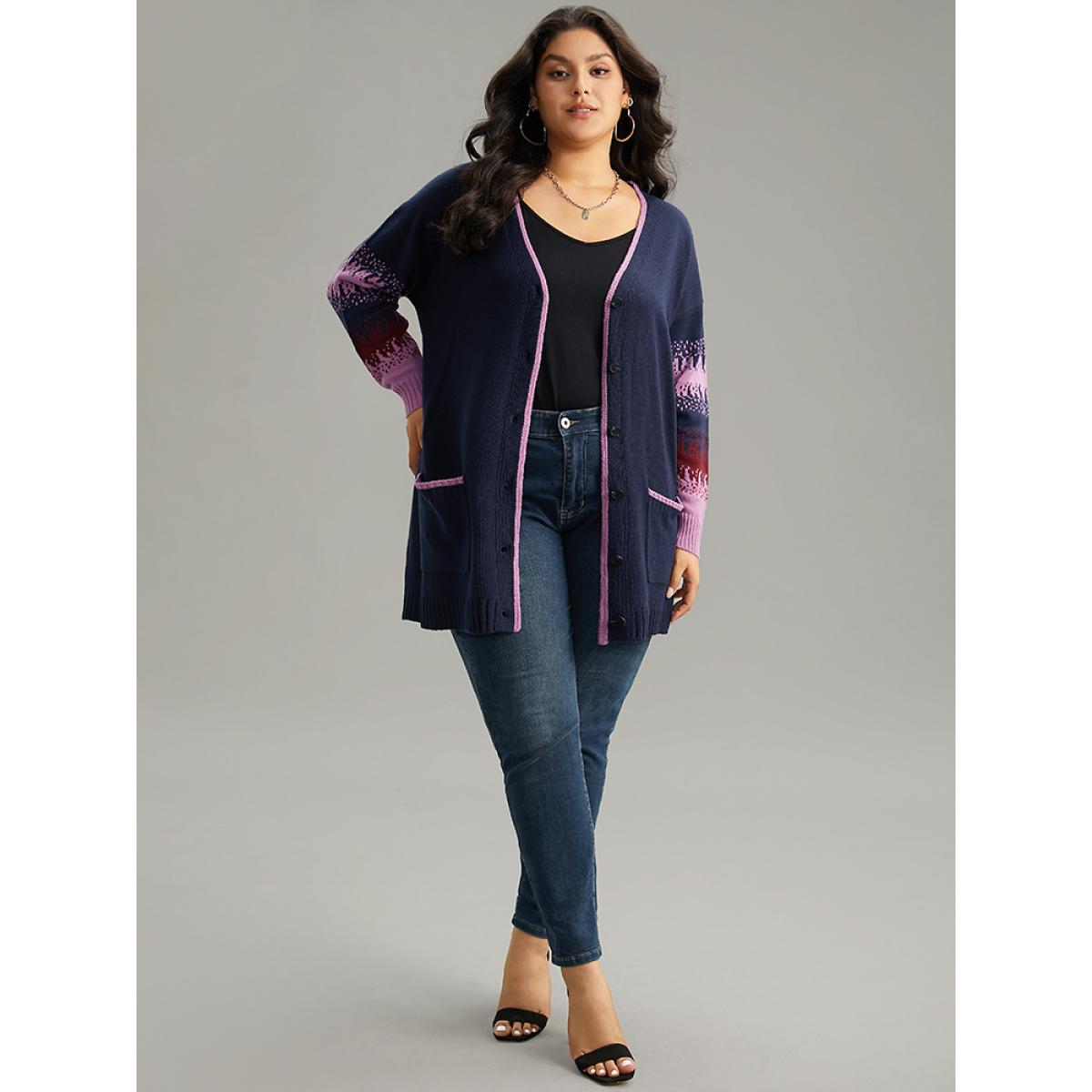 Plus Size Contrast Heather Pocket Open Front Cardigan Midnight Women Casual Loose Long Sleeve Everyday Cardigans BloomChic 12/L Product Image