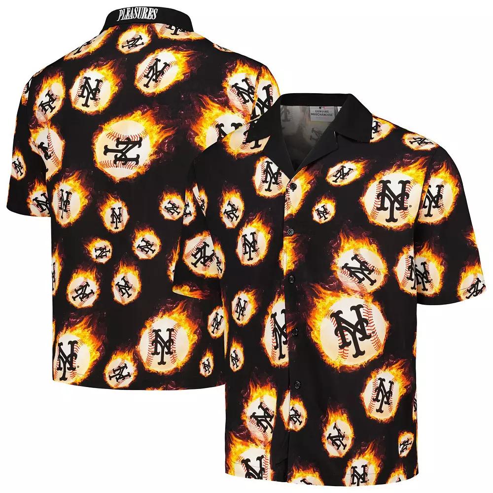 Men's Black New York Mets Flame Fireball Button-Up Shirt, Size: Small Product Image