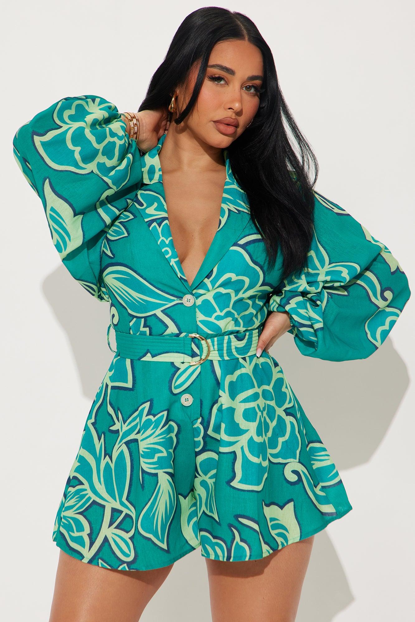 Far Away Belted Romper - Green/combo Product Image