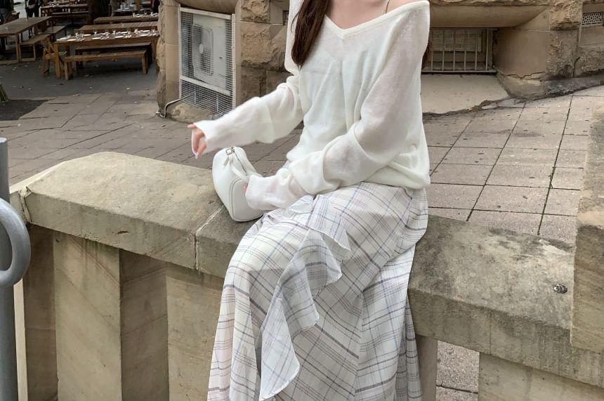 Spaghetti Strap Plaid Asymmetrical Ruffle Trim Midi A-Line Dress Product Image