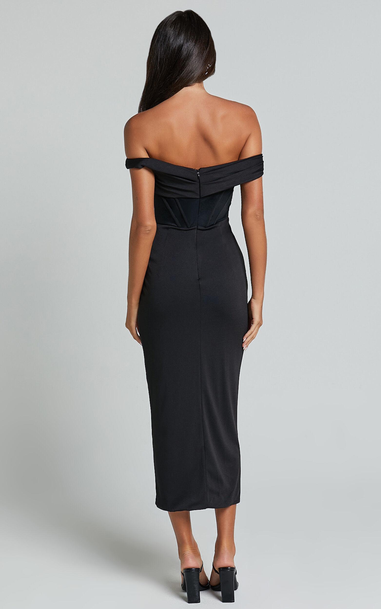 Aidia Midi Dress - Off Shoulder Draped Corset Dress in Black Product Image