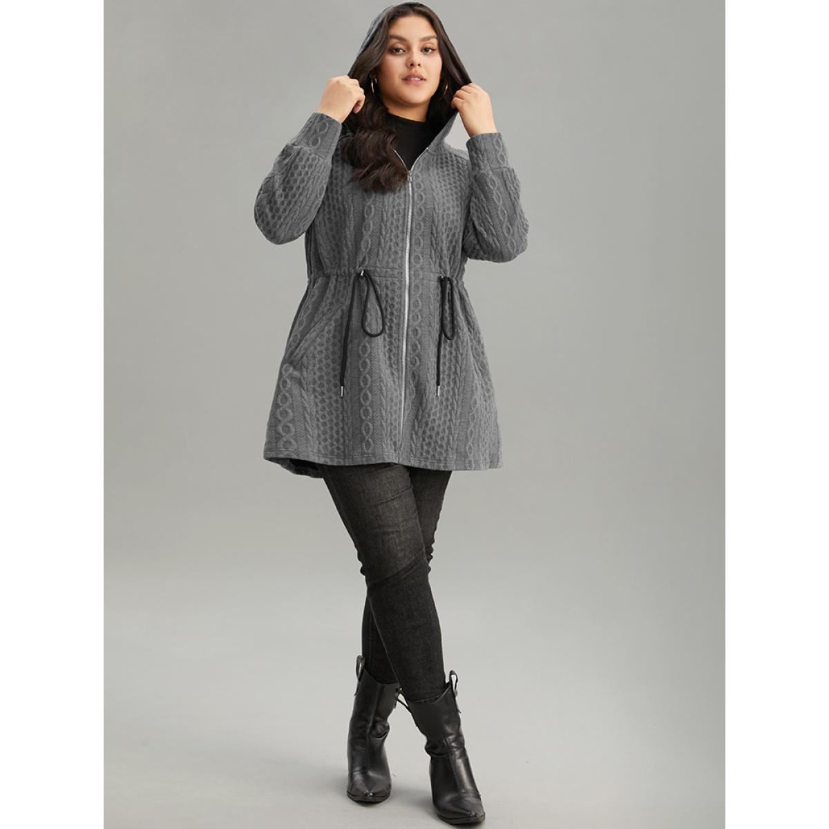 Plus Size Cable Knit Zipper Hooded Drawstring Coat Women DimGray Casual Texture Ladies Dailywear Winter Coats BloomChic 12/L Product Image