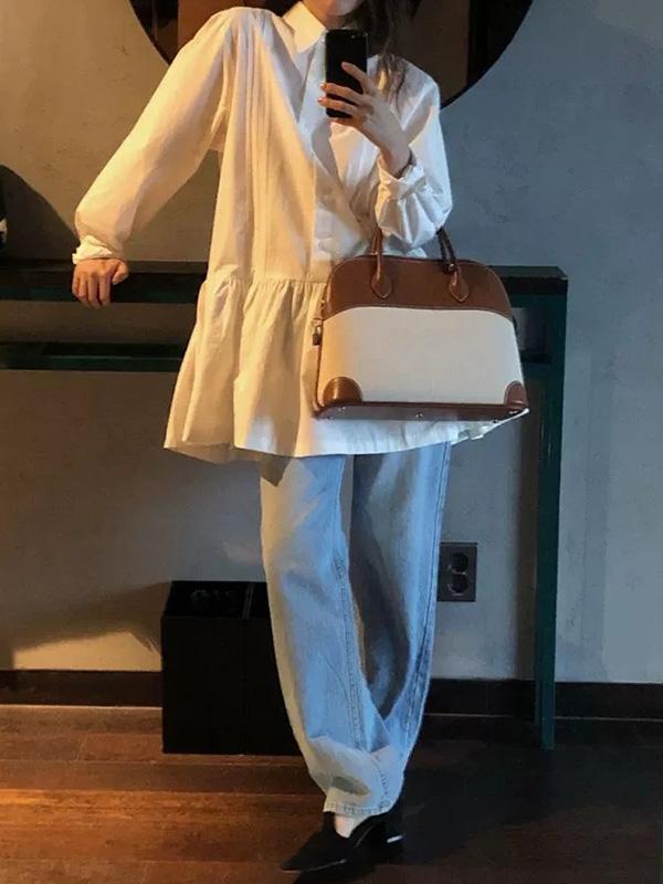 A-Line Long Sleeves Buttoned Pleated Solid Color Lapel Mini Dresses Shirt Dress Product Image