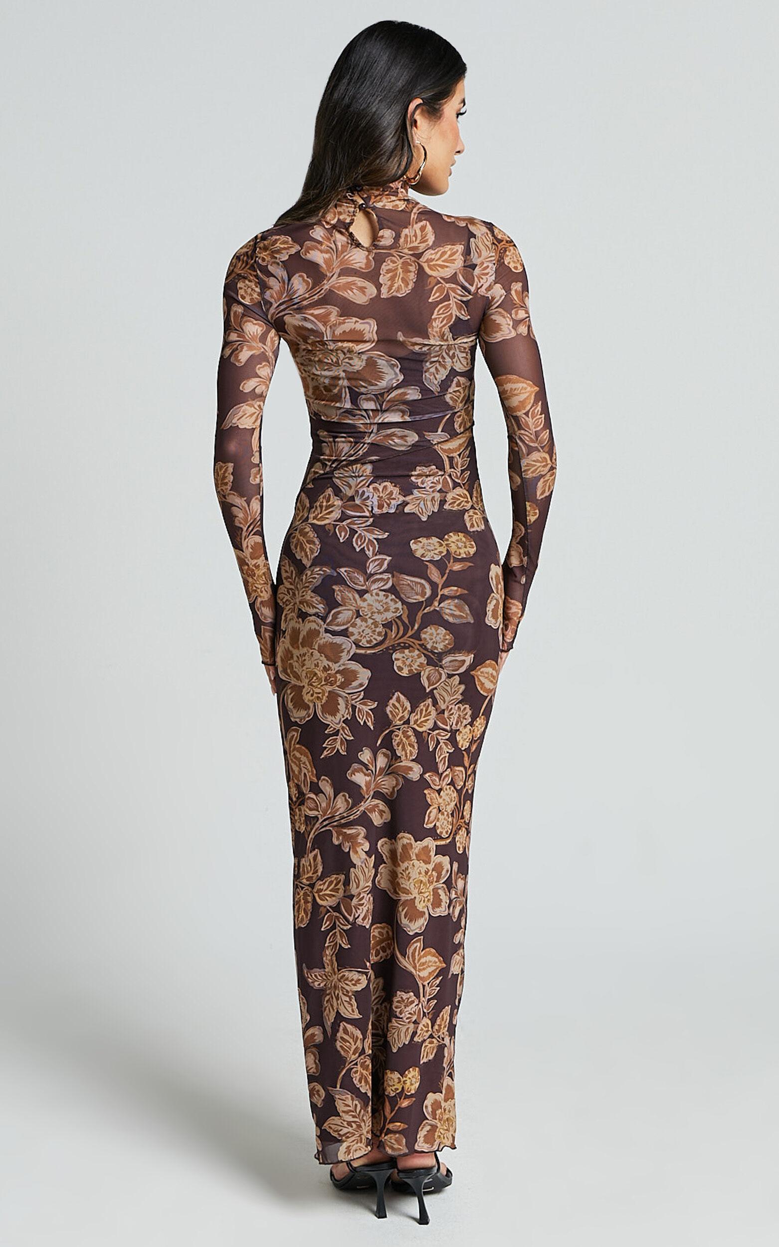 Vivian Midi Dress - High Neck Long Sleeve Mesh Dress in Amber Bloom Print Product Image