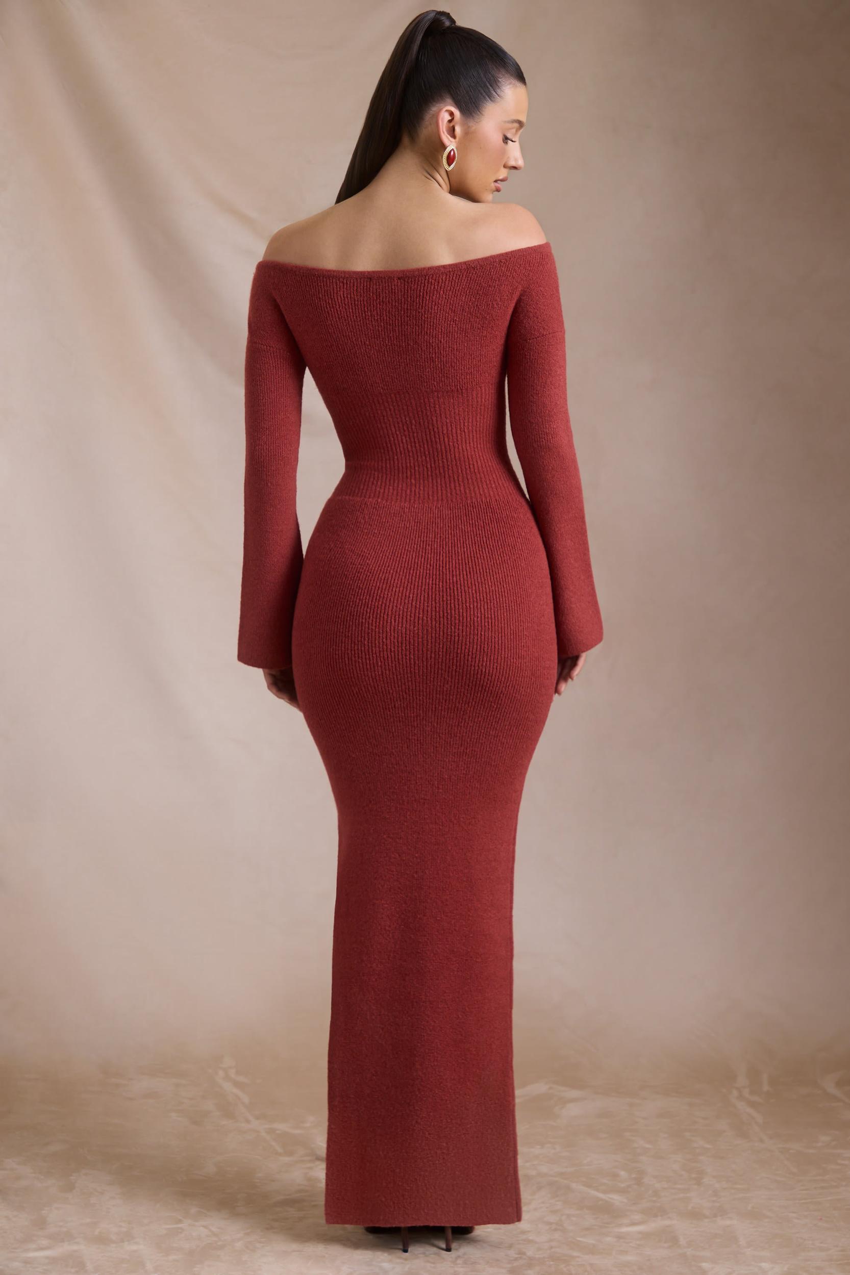 Ribbed-Knit Off-Shoulder Maxi Dress in Brick Red Product Image