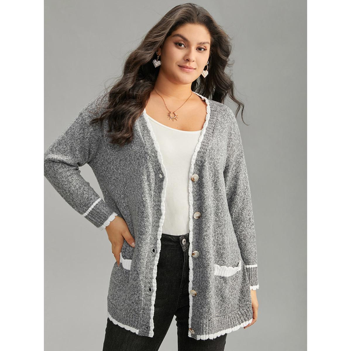 Plus Size Heather Contrast Pocket Button Through Cardigan Gray Women Casual Loose Long Sleeve Dailywear Cardigans BloomChic 26/4X Product Image