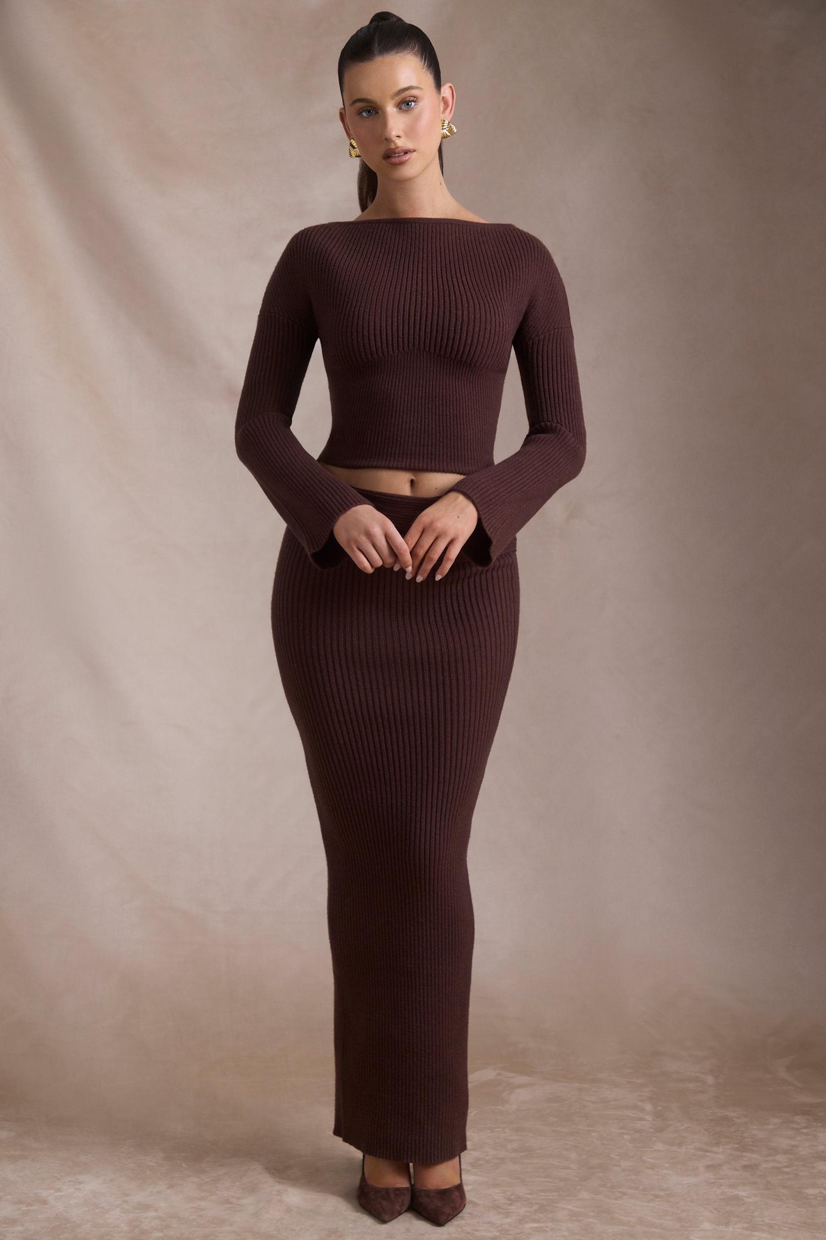 Ribbed-Knit Foldover Maxi Skirt in Espresso Female Product Image