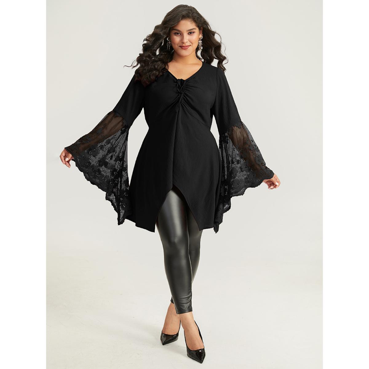 Plus Size Black Halloween Solid Mesh Bell Sleeve Ruched Bowknot Blouse Women Elegant Long Sleeve V-neck Festival-Halloween Blouses BloomChic 22-24/3X Product Image