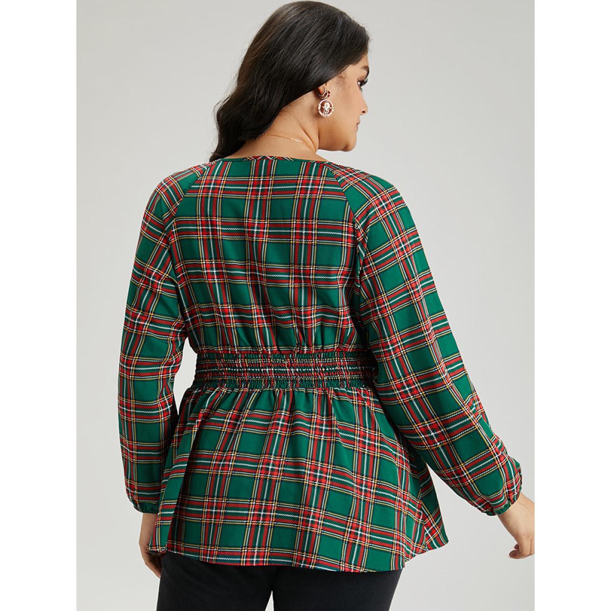 Plus Size Green Christmas Plaid Shirred Ruffle Hem Blouse Women Elegant Long Sleeve Round Neck Festival-Christmas Blouses BloomChic 12/L Product Image
