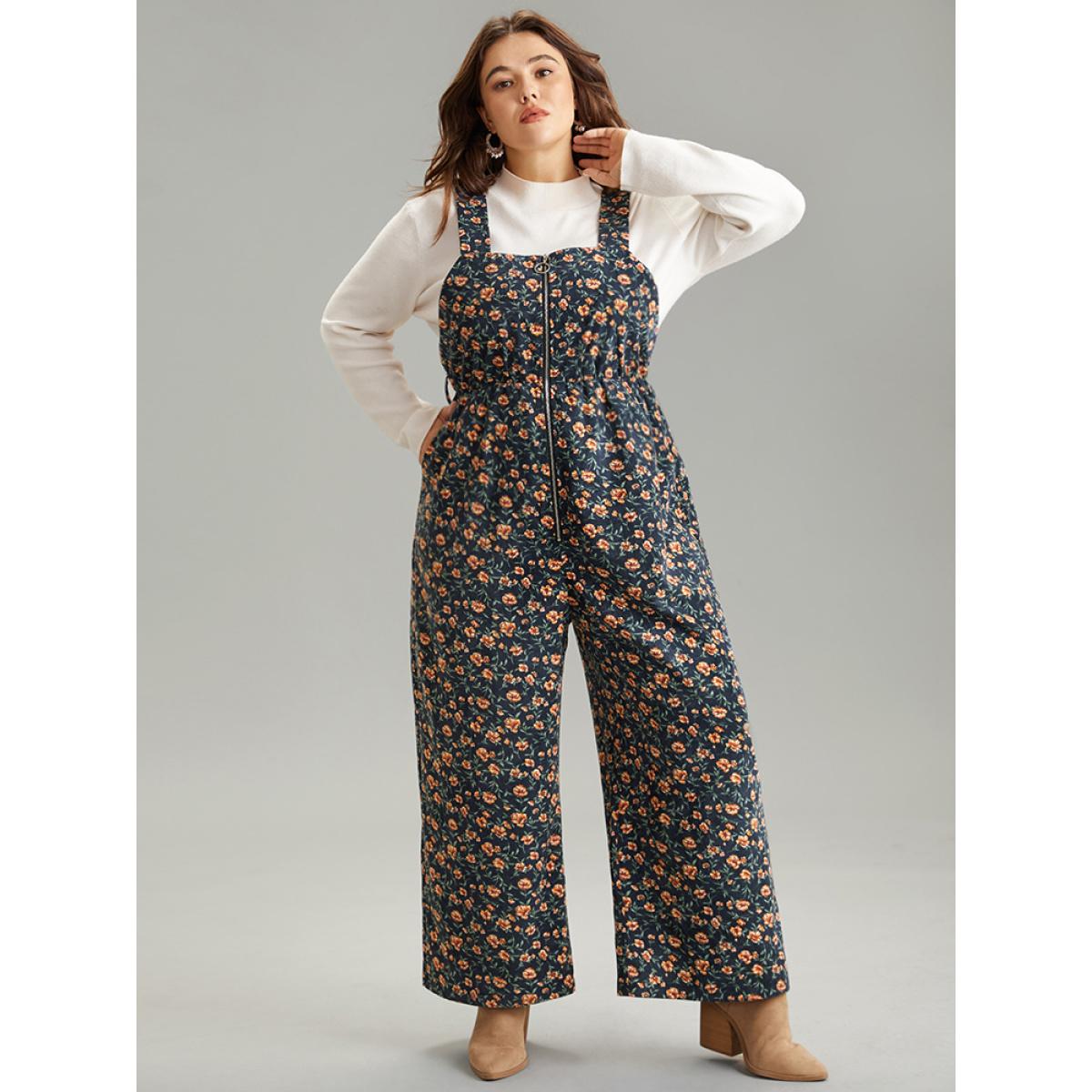 Plus Size Indigo Ditsy Floral O Ring Zipper Corduroy Jumpsuit Women Casual Sleeveless Spaghetti Strap Everyday Loose Jumpsuits BloomChic 22-24/3X Product Image