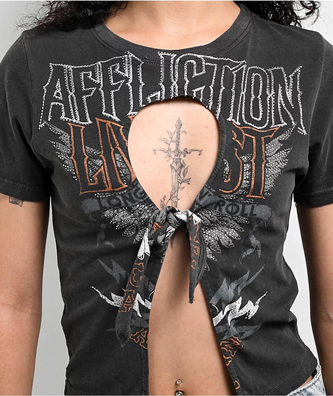 Affliction Sweet Home Black Wash Front Tie Crop T-Shirt Product Image