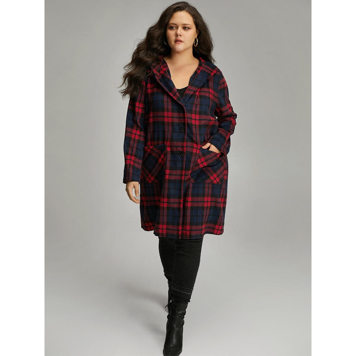 Plus Size Plaid Button Through Pocket Hooded Coat Women Indigo Casual Contrast Ladies Everyday Winter Coats BloomChic 26/4X Product Image