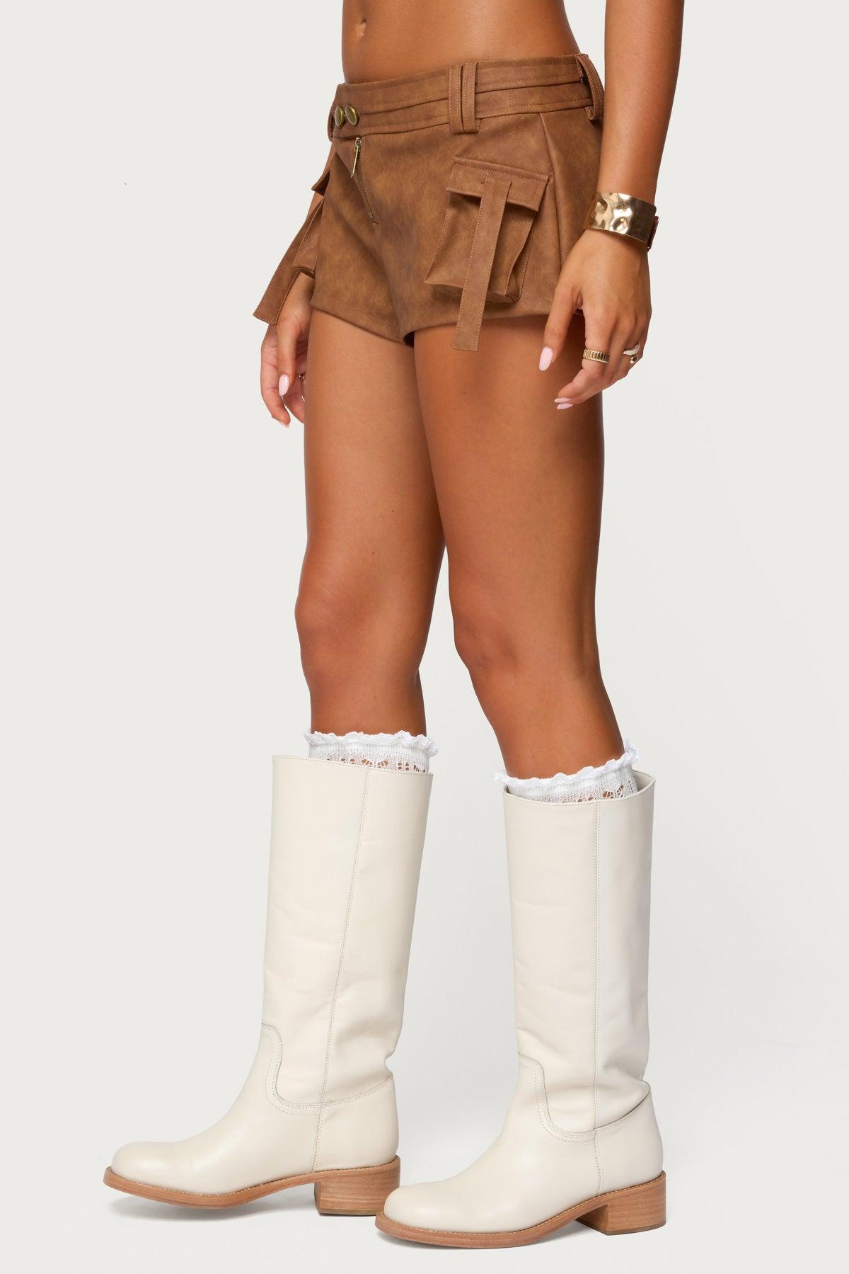 Washed Faux Leather Micro Cargo Shorts Product Image