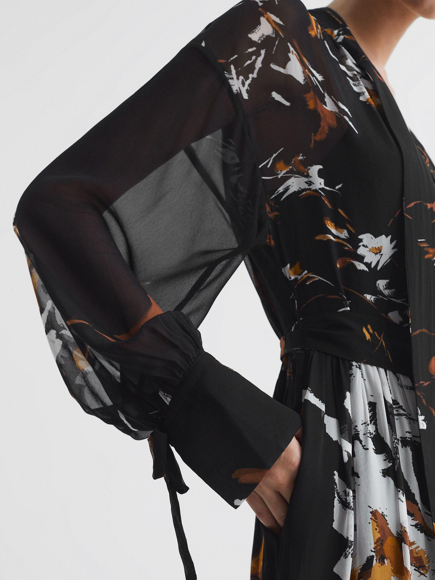 Floral Neck Tie Midi Dress in Black/Brown Product Image