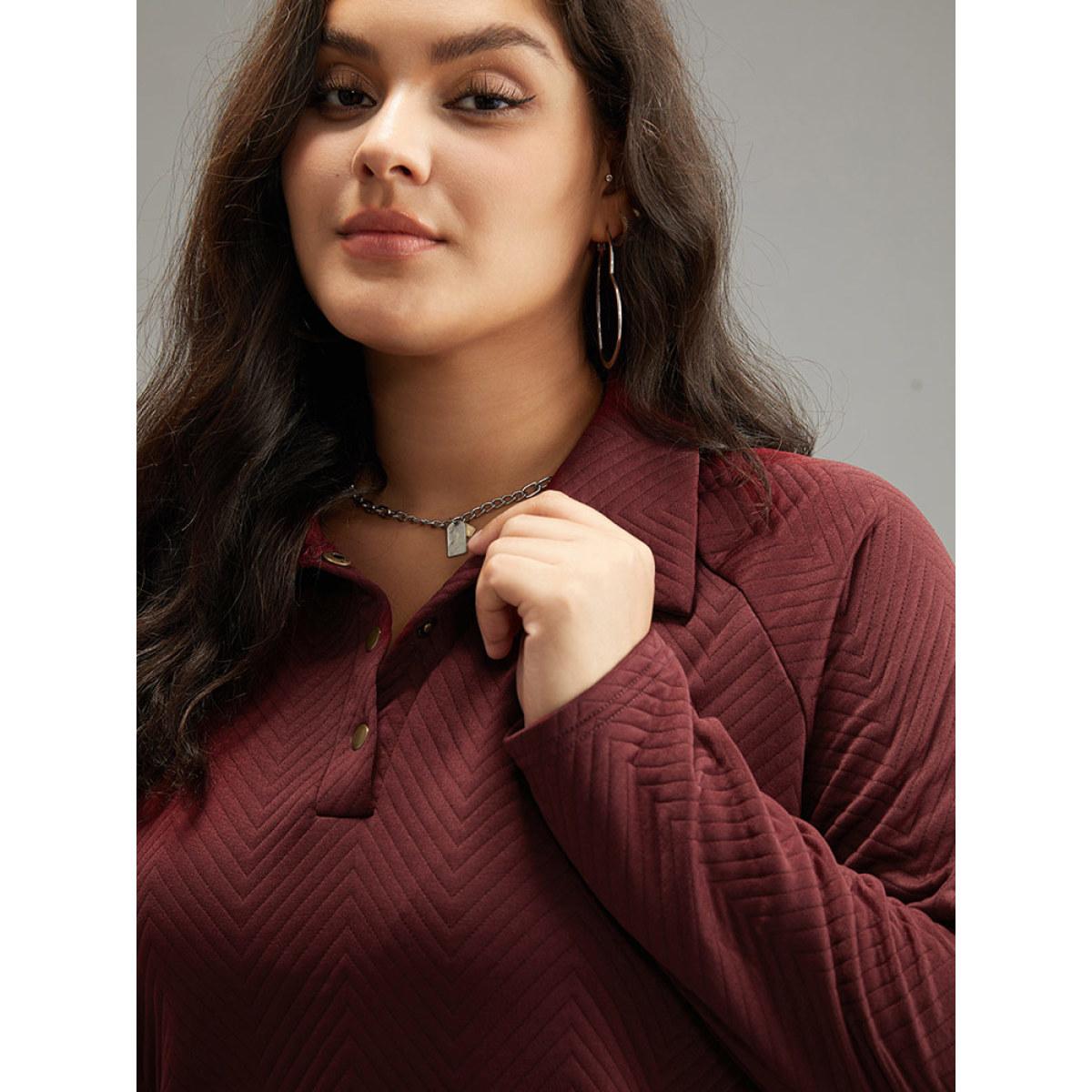 Plus Size Solid Plisse Pocket Button Up Sweatshirt Women Burgundy Casual Texture Polo Dailywear Sweatshirts BloomChic 22-24/3X Product Image