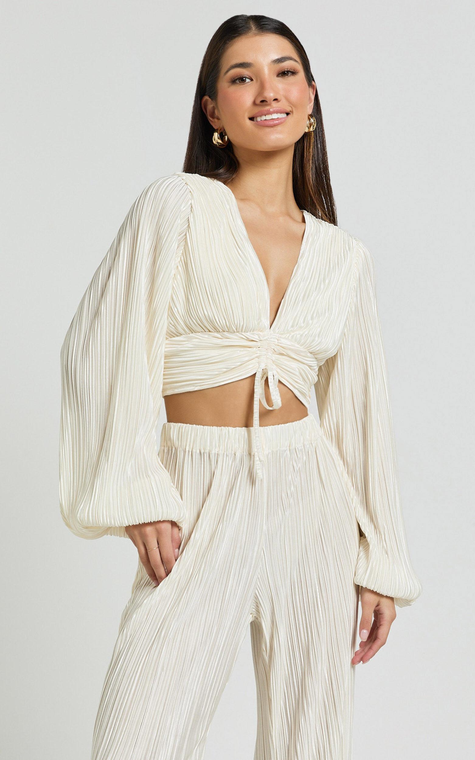 Jondra Blouse - Ruched Front Long Sleeve Plisse Blouse in Cream Product Image