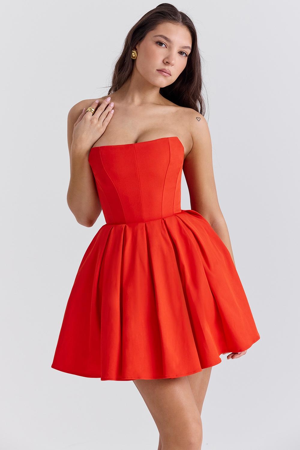 Emmanuela  italian tomato strapless pleated mini dress Product Image