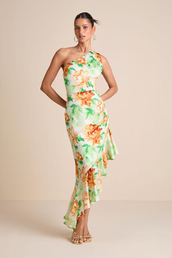 Divinely Blooming White Multi Floral One-Shoulder Midi Dress Product Image