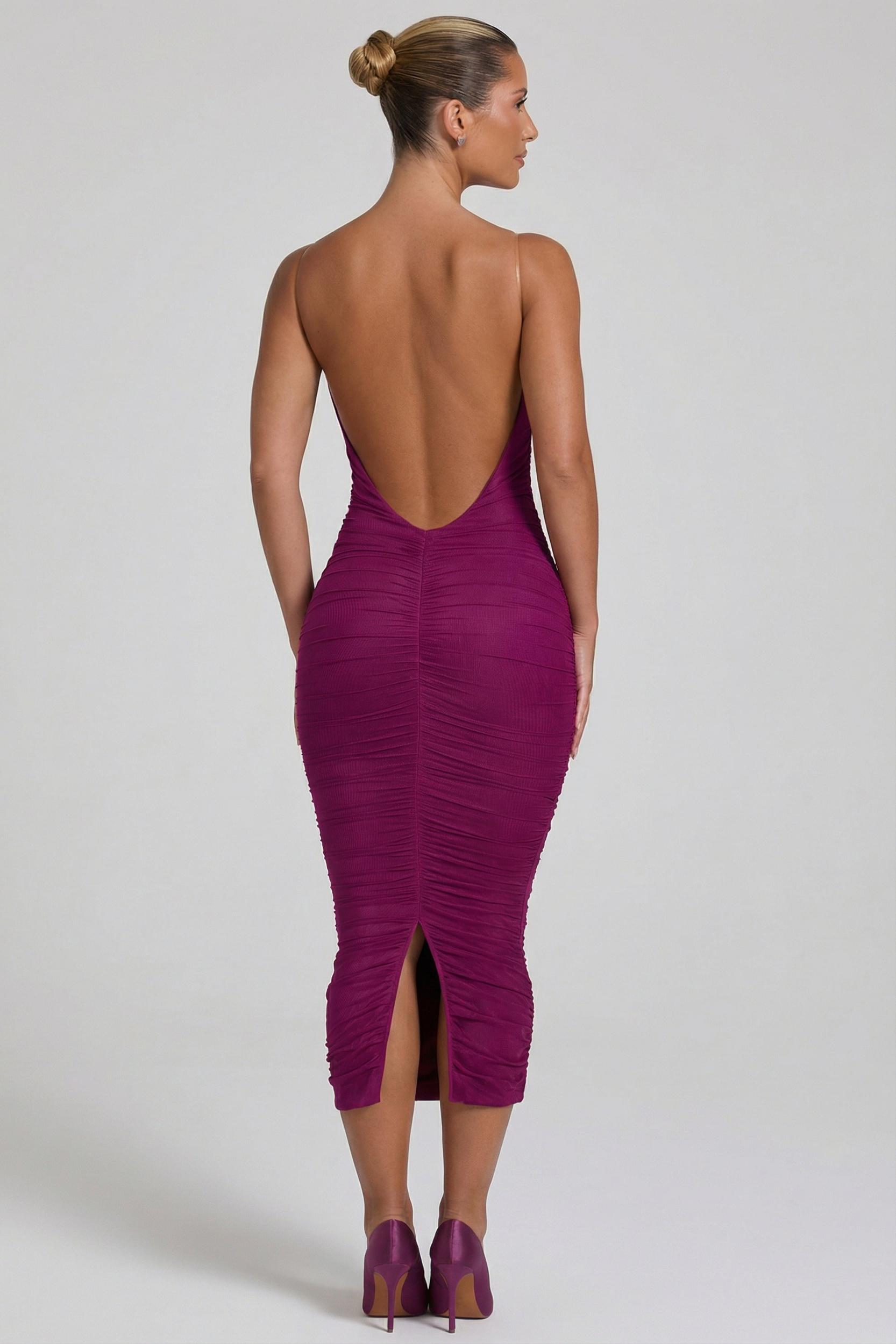 Ruched Backless Bodycon Midaxi Dress in Plum Product Image