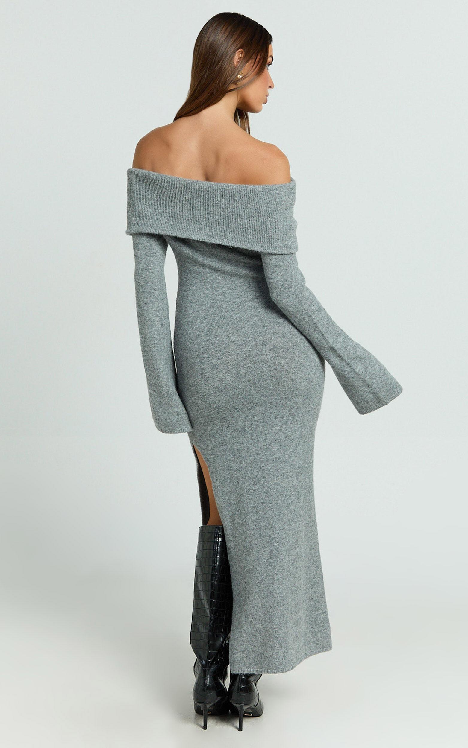 Darcie Midi Dress - Off Shoulder Knitted Long Sleeve Dress in Grey Marle Product Image