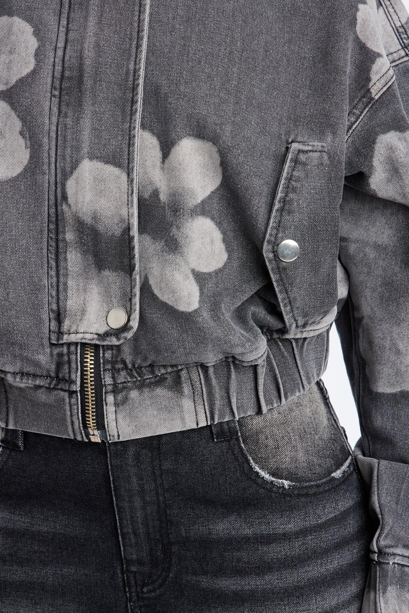 Born To Bloom High Neck Denim Jacket - Grey/Smoke Female Product Image