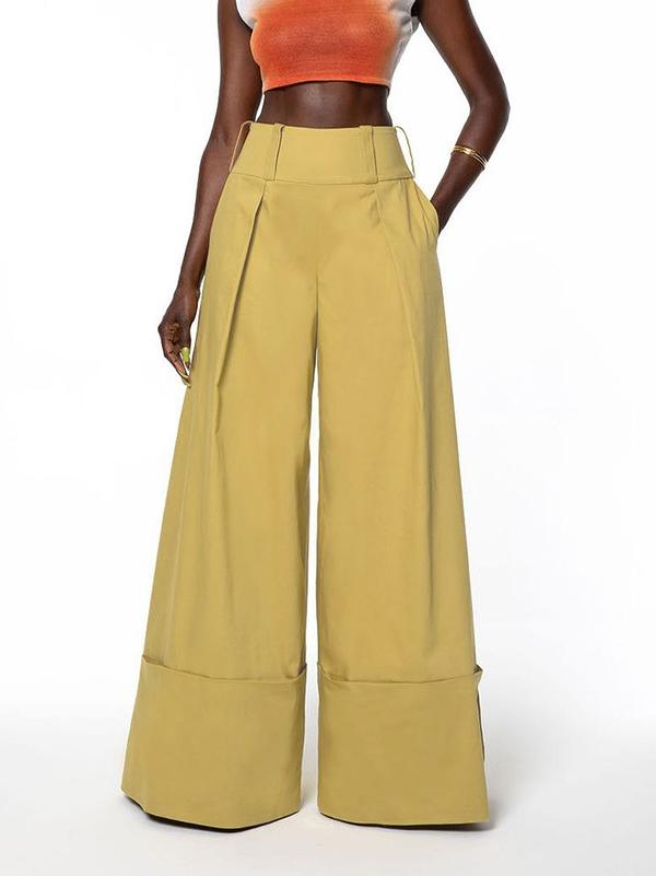 High Waisted Loose Pockets Solid Color Pants Trousers Product Image